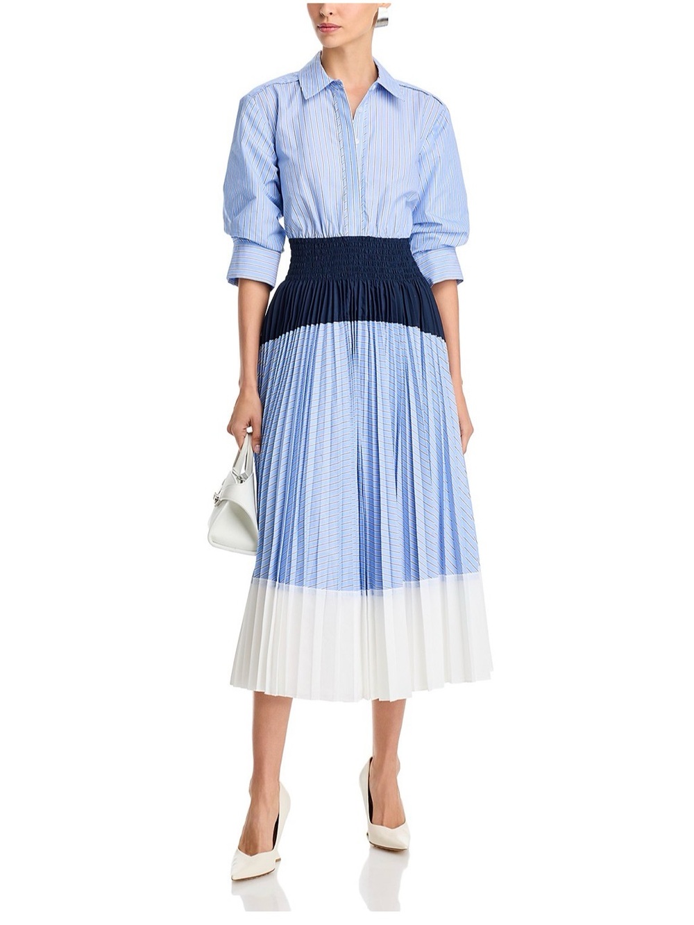 Colorblock Pleated Midi Dress in Light Blue, Navy and White